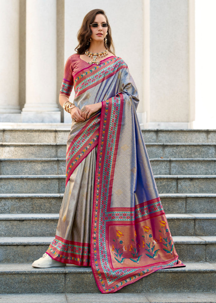 Dusky Blue Banarasi Tissue Silk Saree with Contrast Border