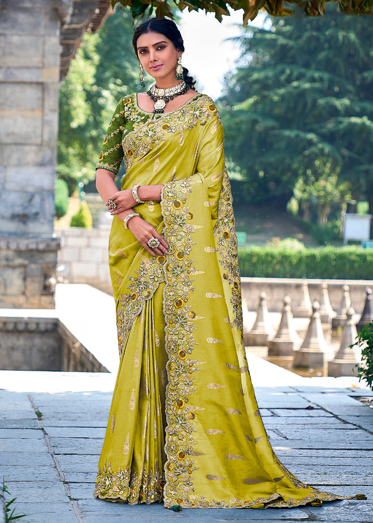 Mehndi Green Woven Banarasi Designer Silk Saree With Embroidered Blouse