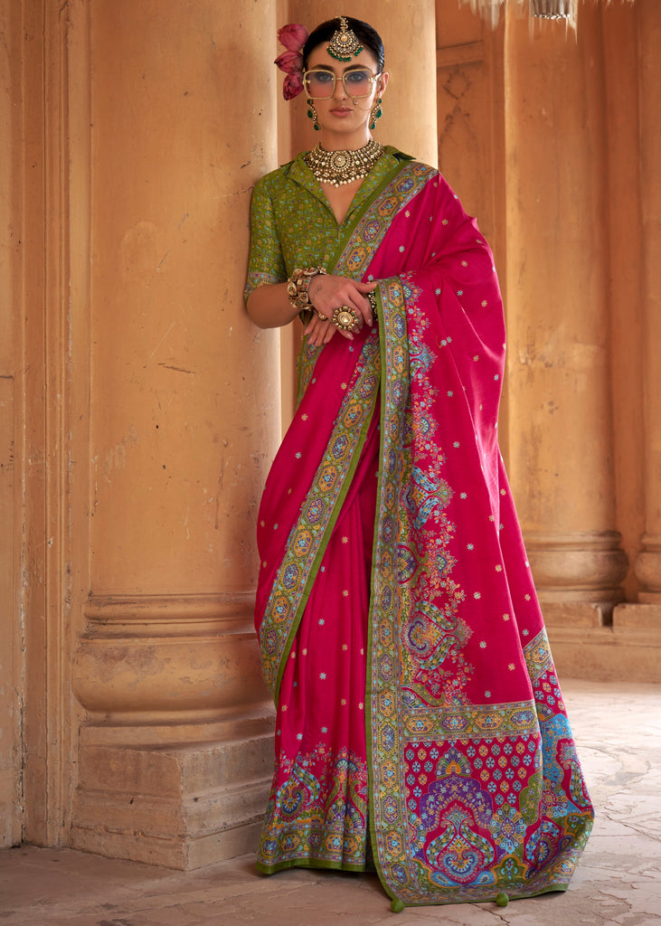 Princess Pink Printed Silk Saree With Contrast Blouse