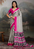 Hot Pink And White Printed Satin Silk Saree