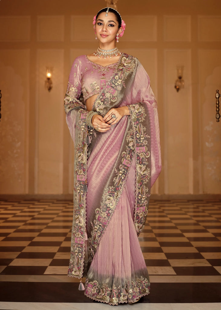 Onion Pink Designer Embroidered Silk Saree