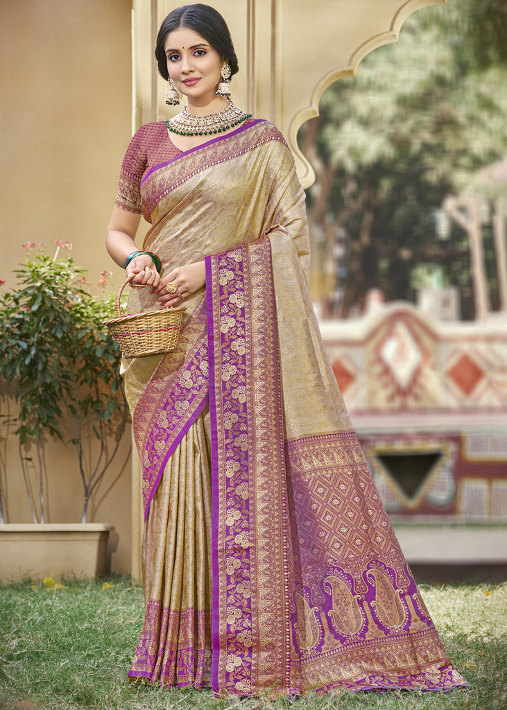 Beige And Purple Woven Kanjivaram Silk Saree