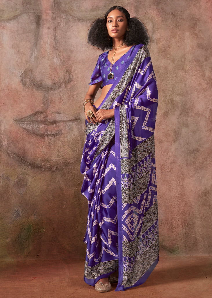 Ultra Purple Printed Crepe Satin Silk Saree