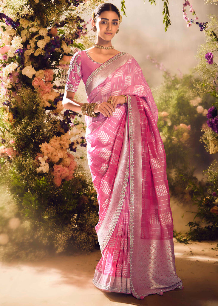 Bloom Pink Banarasi Designer Silk Saree With Embroidered Blouse