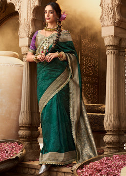 “Exclusive Offer” : Forest Green Woven Banarasi Silk Saree