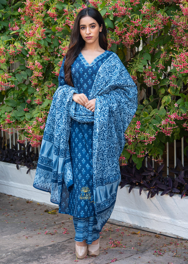 Indigo Blue Bloom Print Suit Set (10702035419329)