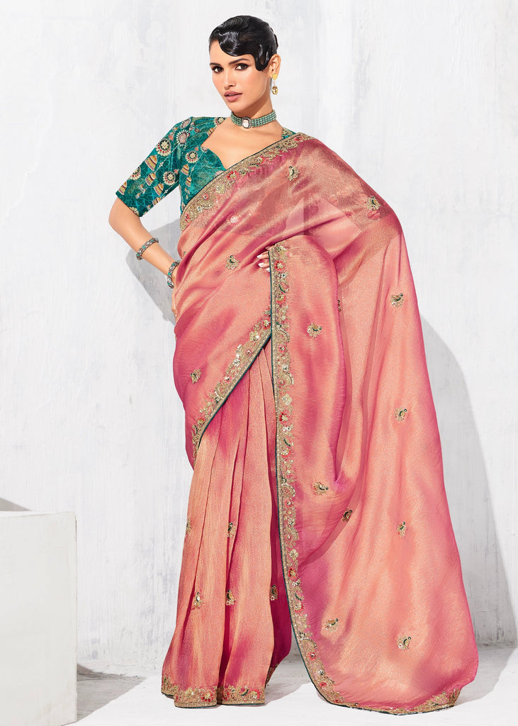 Reddish Pink Embroidered Designer Silk Saree