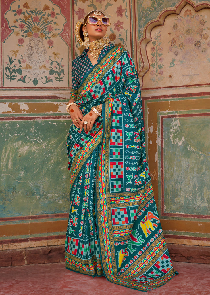 Teal Blue Printed Patola Silk Saree