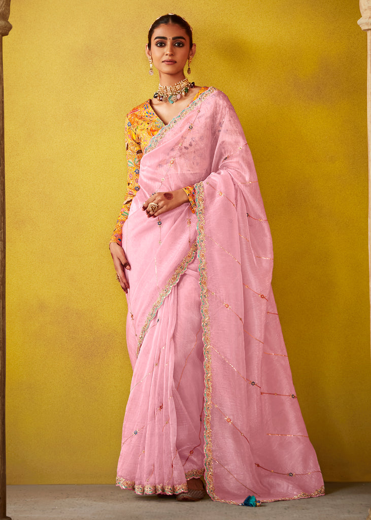 Sweet Pink Woven Embroidered Chiffon Saree