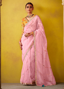 Sweet Pink Woven Embroidered Chiffon Saree