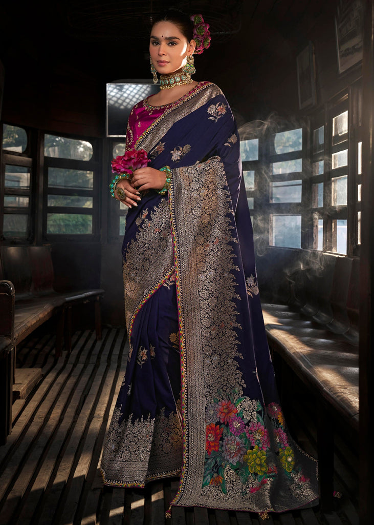 "Exclusive Offer" : Estate Blue Woven Embroidered Banarasi Silk Saree