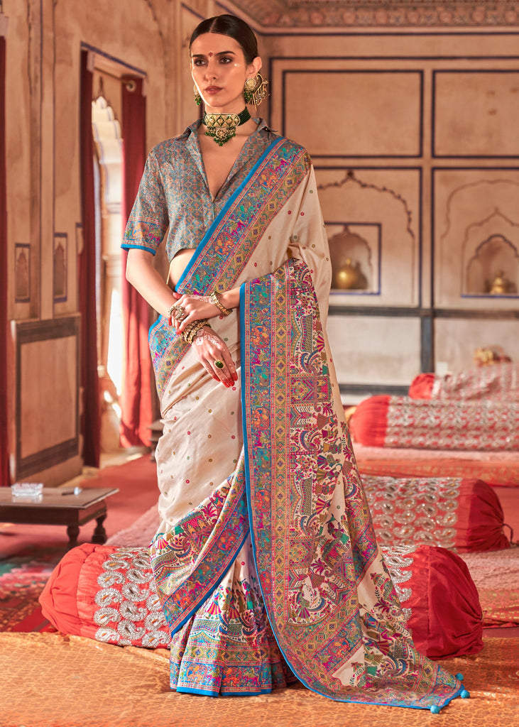 Sky Blue Printed Kashmiri Jamewar Saree