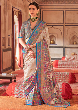 Sky Blue Printed Kashmiri Jamewar Saree