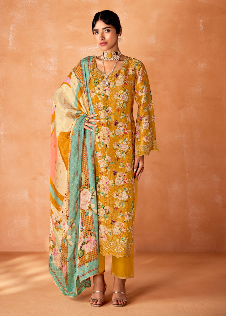 Marigold Yellow Embroidered Suit Set With Floral Print