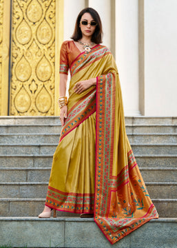 Rich Yellow Banarasi Tissue Silk Saree with Contrast Border