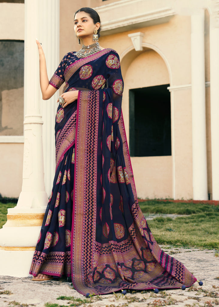 Navy Blue Printed Georgette Silk Saree