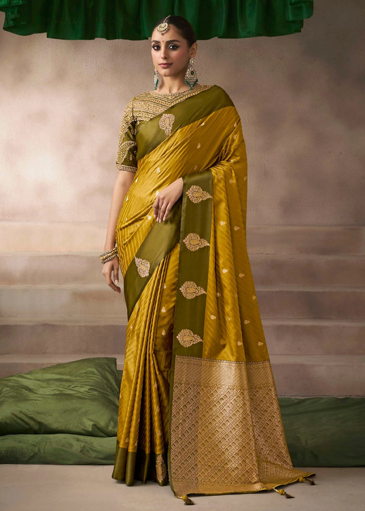 “Exclusive Offer” : Yellow & Olive Woven Banarasi Satin Silk Saree