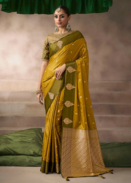 “Exclusive Offer” : Yellow & Olive Woven Banarasi Satin Silk Saree