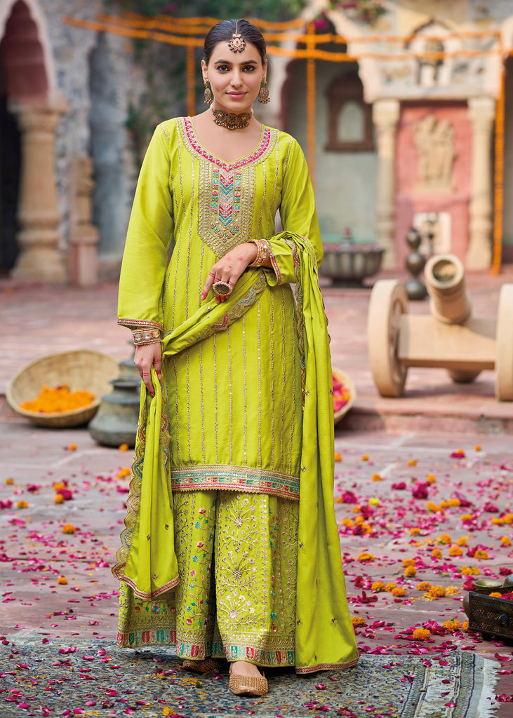 Parrot Green Embroidered Designer Suit Set