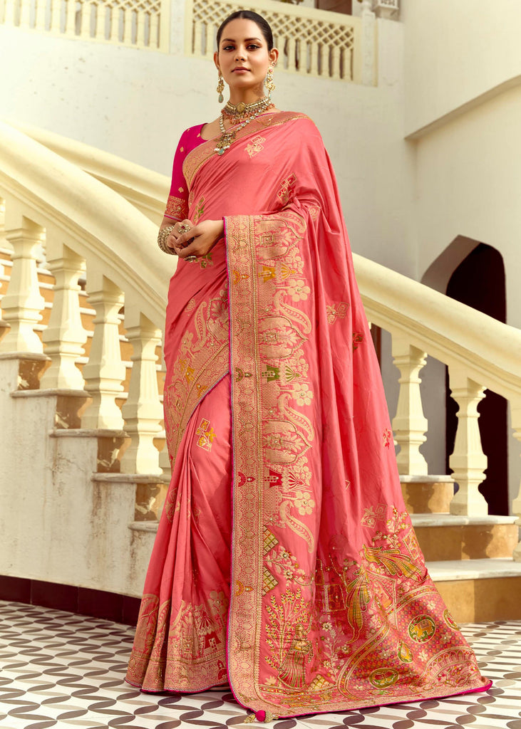 Georgia Peach Woven Banarasi Designer Silk Saree With Contrast Blouse