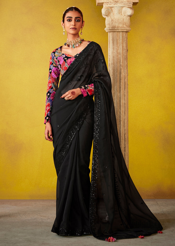 Phantom Black Woven Embroidered Chiffon Saree