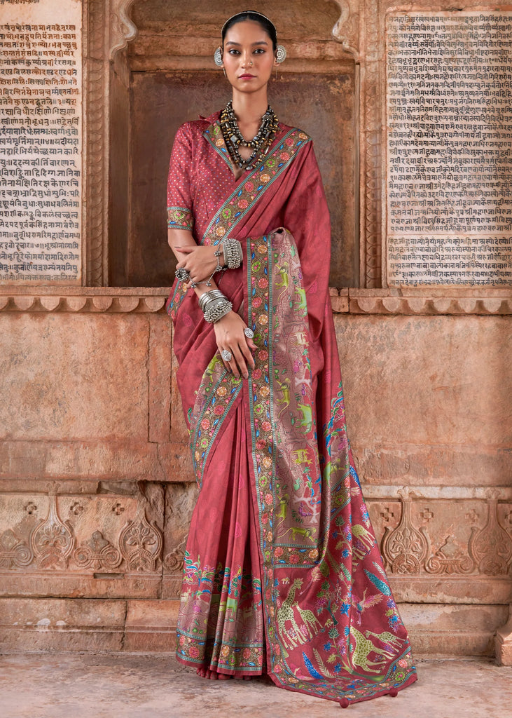 Auburn Brown Printed Silk Saree