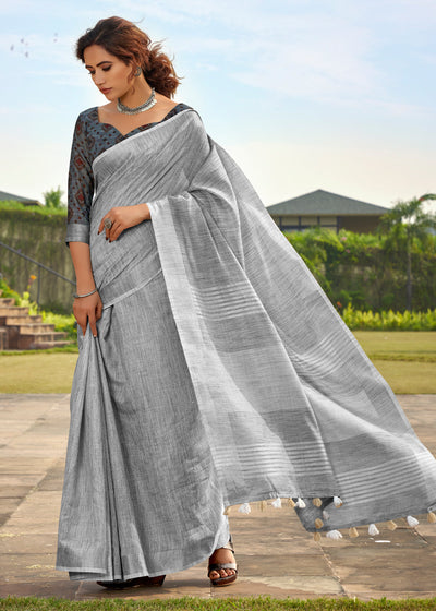 FROSTY GREY WOVEN LINEN SAREE WITH KHADI PRINT BLOUSE (6713088737473)