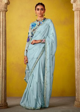 Aquatic Blue Woven Embroidered Chiffon Saree