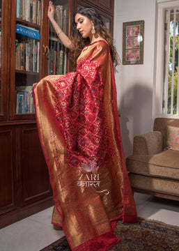 Leela: Double Ikat Patan Patola Saree In The Shades Of Red And Gold (7146435772609)