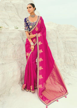 Rani Pink Woven Banarasi Embroidered Organza Satin Silk Saree