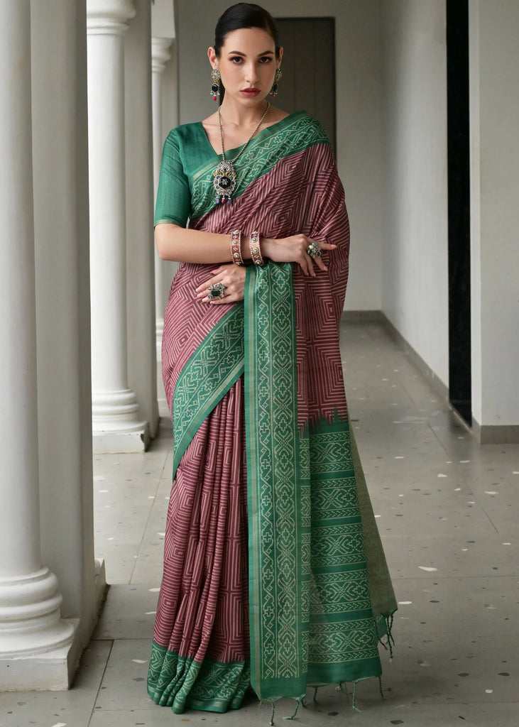 Earthy Brown & Green Printed Tussar SIlk Saree