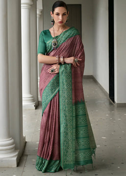 Earthy Brown & Green Printed Tussar SIlk Saree