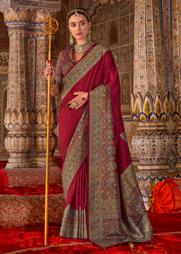 Maroon Printed Kashmiri Jamewar Saree