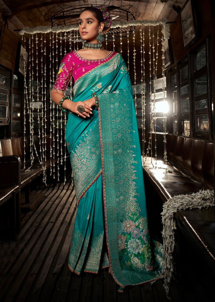 "Exclusive Offer" : Teal Blue Woven Embroidered Banarasi Silk Saree