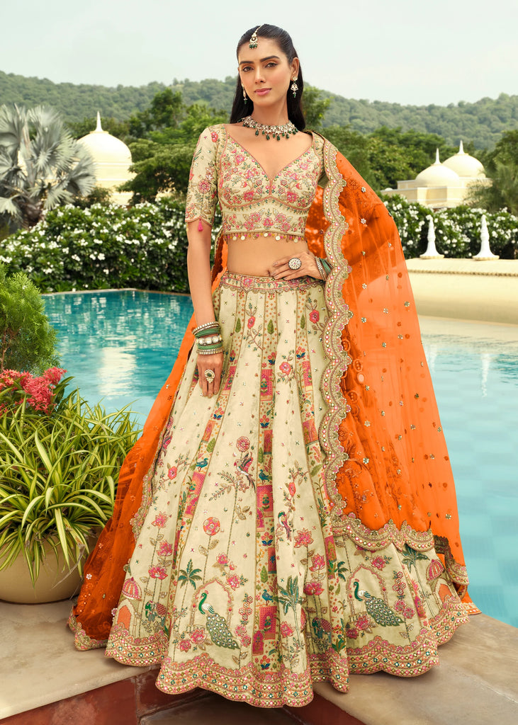 Off White & Orange Embroidered Stitched Designer Lehenga