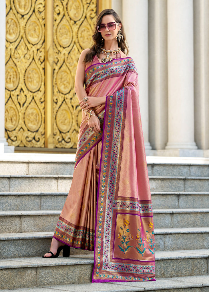 Bloom Peach Banarasi Tissue Silk Saree with Contrast Border