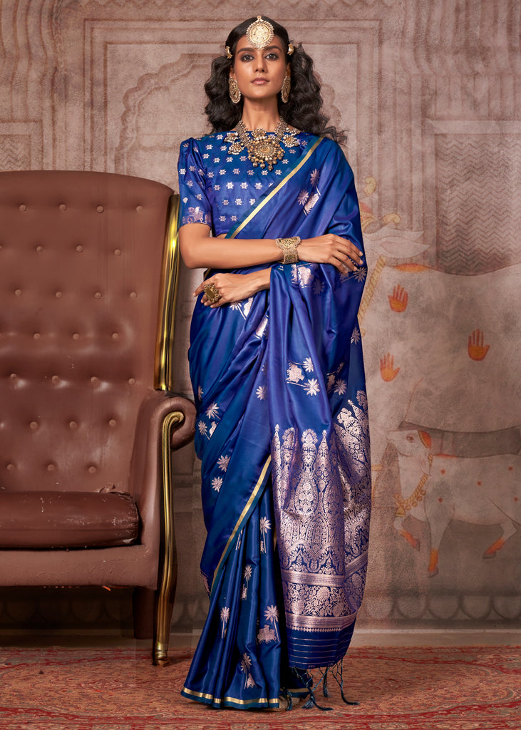 Mazarine Blue Banarasi Satin Silk Saree With Brocade Blouse