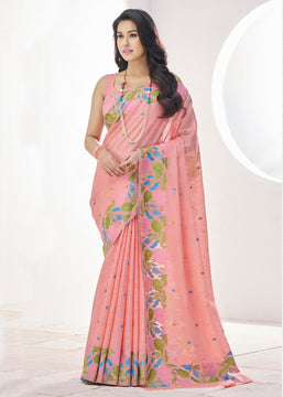 Rose Pink Woven Linen Silk Saree