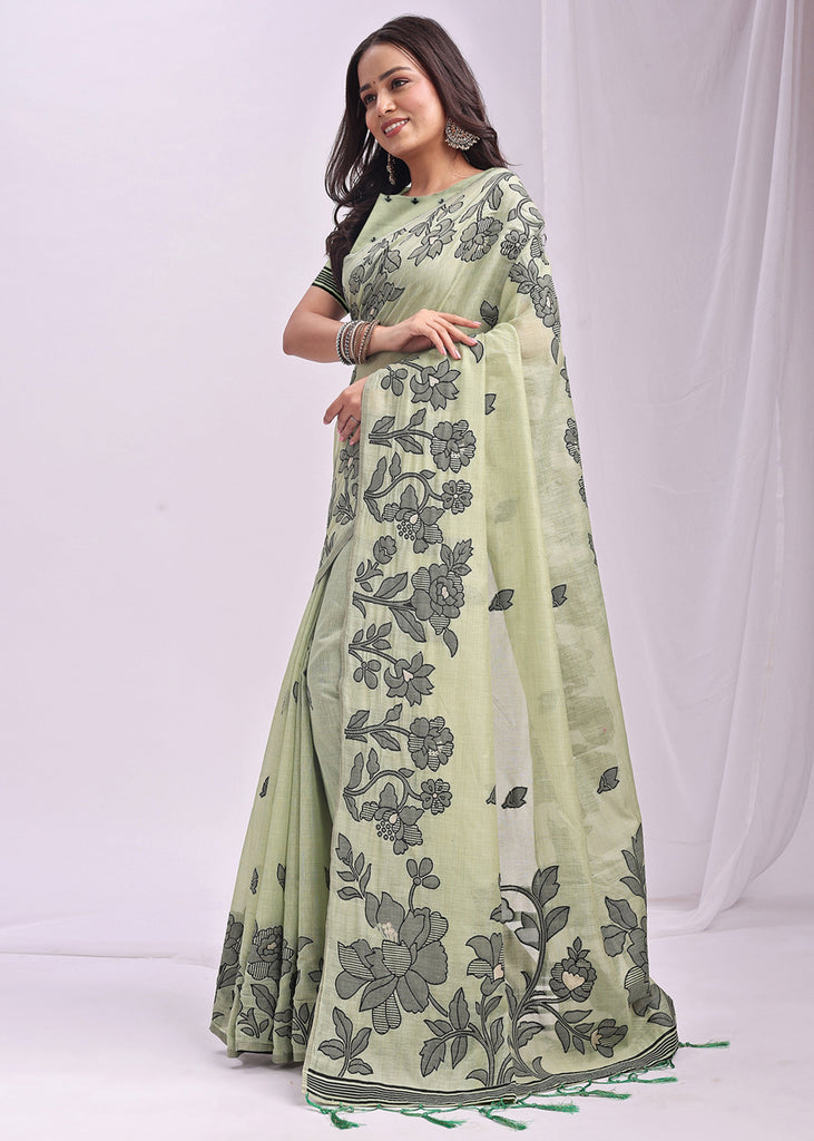 Pistachio Green Woven Cotton Linen Silk Saree