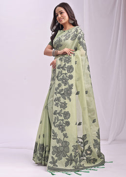 Pistachio Green Woven Cotton Linen Silk Saree