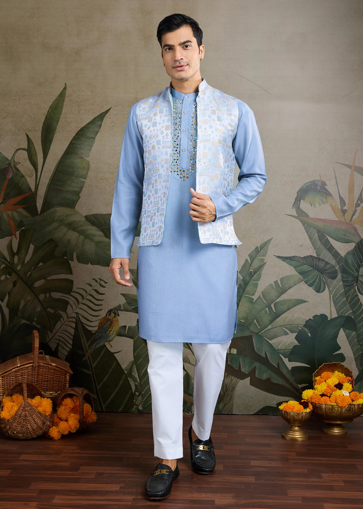 Light Blue Plain Kurta with Jacquard Jacket