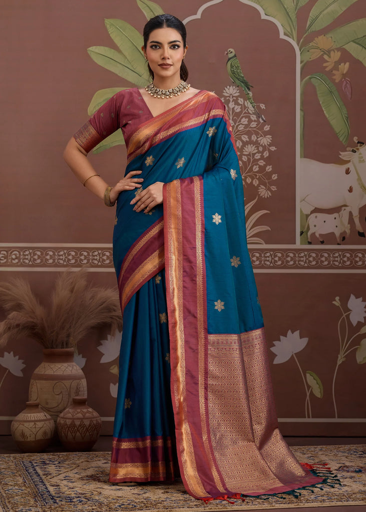 Nautical Blue Woven Banarasi Tussar Silk Saree