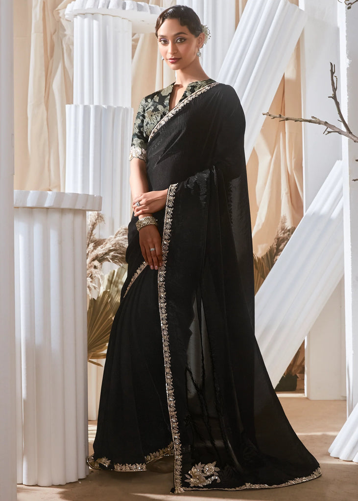 Pre Order: Jet Black Designer Silk Saree