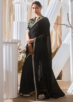 Pre Order: Jet Black Designer Silk Saree