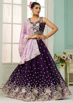 Burgundy Georgette Embroidered Sequins Lehenga Set