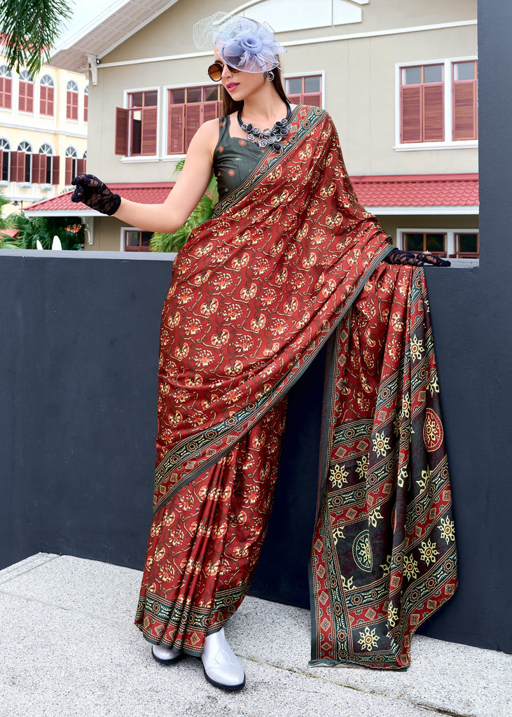Ochre Red Satin Crepe Digital Printed Saga Saree With Contrast Blouse