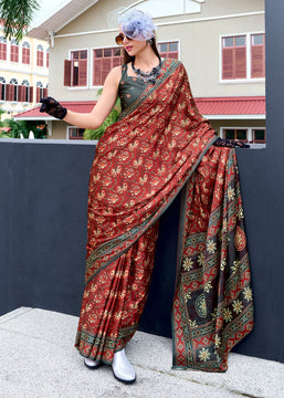 Ochre Red Satin Crepe Digital Printed Saga Saree With Contrast Blouse