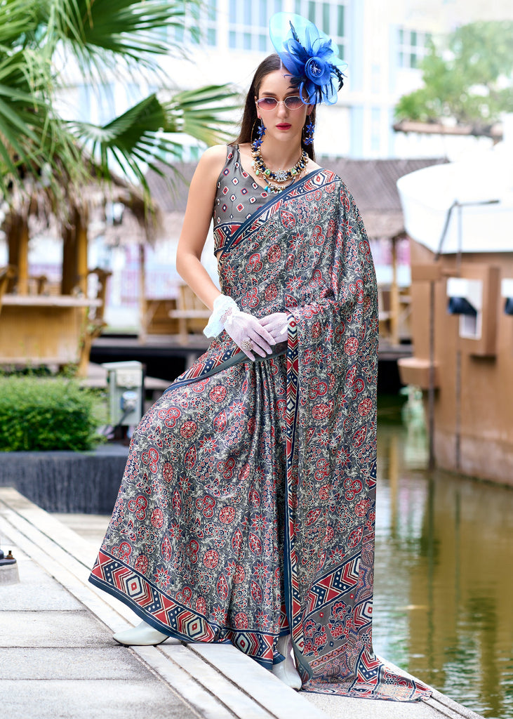 Strom Grey Satin Crepe Digital Printed Saga Saree With Contrast Blouse
