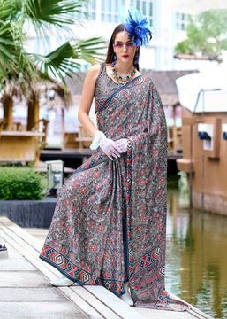 Strom Grey Satin Crepe Digital Printed Saga Saree With Contrast Blouse
