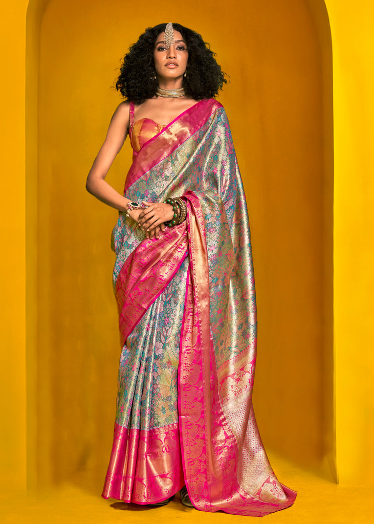 Green And Pink Dual Tone Woven Kanjivaram Silk Saree